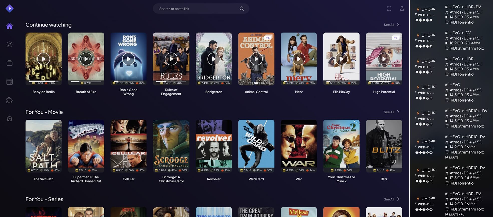 Homescreen (left) & Stream source selection (right)